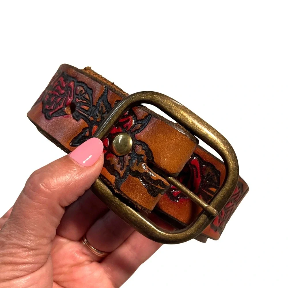 BeltStop‎ Tooled Leather Rose Belt Women 34/36 Tan Western Boho Floral Handcraft